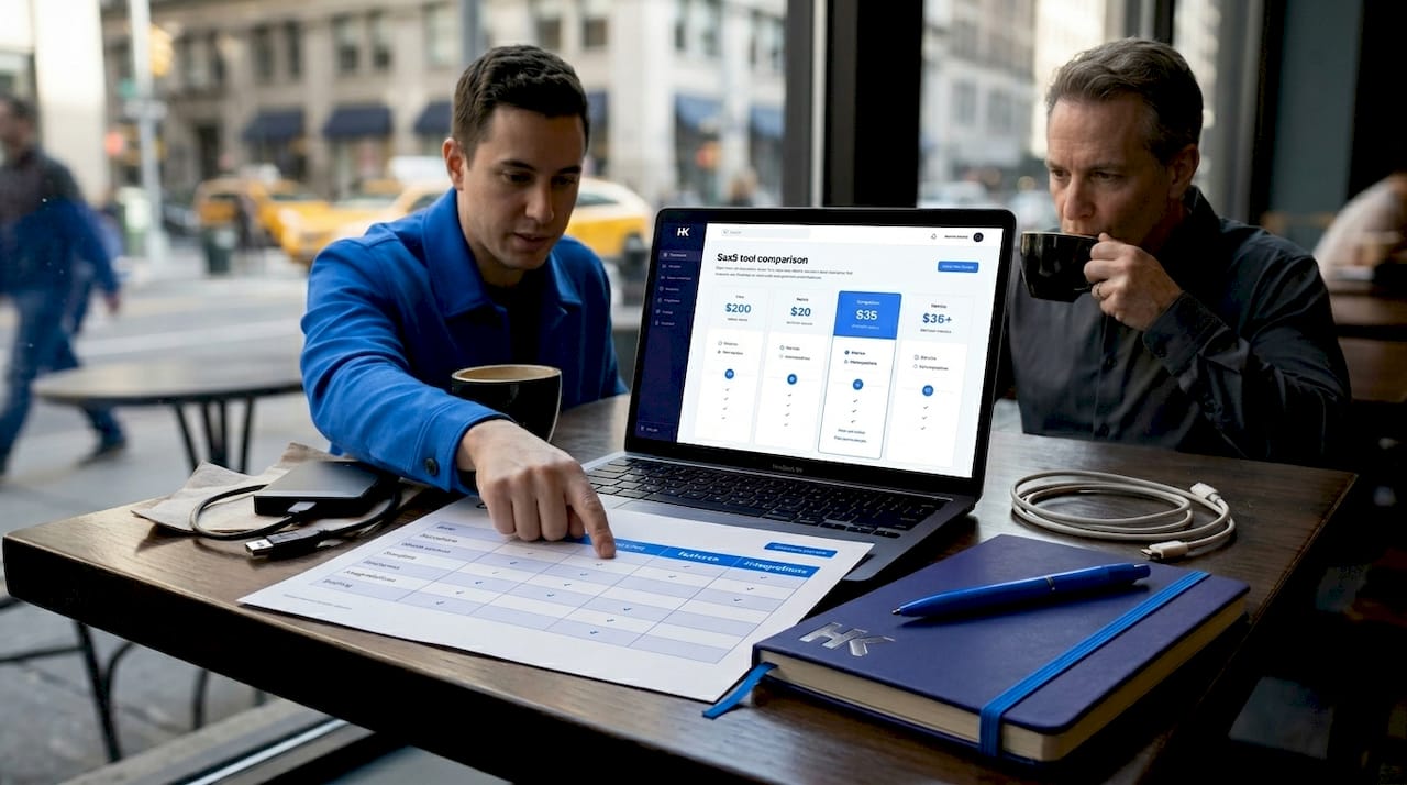 Founder and engineer reviewing SaaS stack options