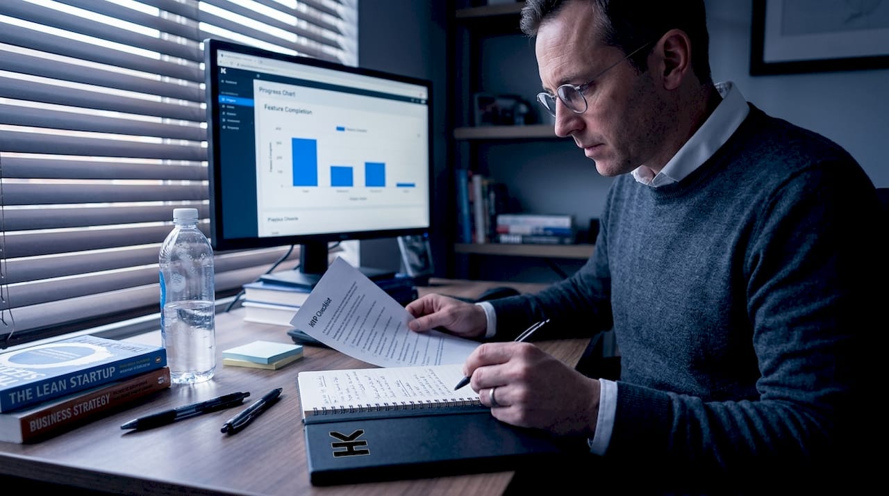 Consultant reviewing MVP checklist at desk