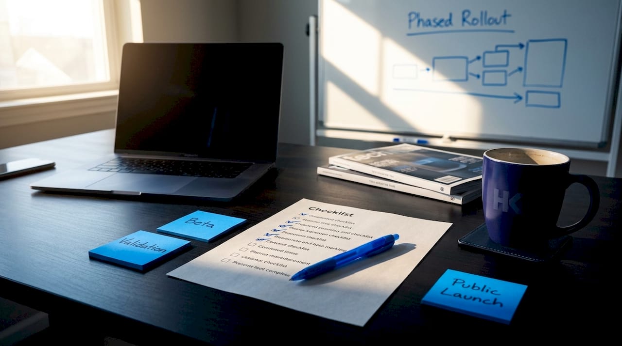 Founder reviews SaaS launch checklist at desk