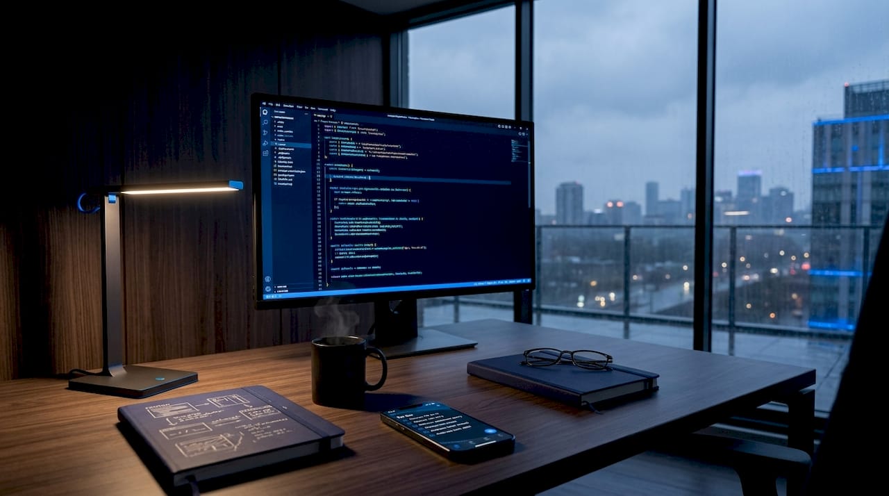 Founder reviewing code at home office desk