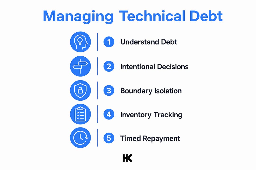 Infographic illustrating five steps of managing technical debt