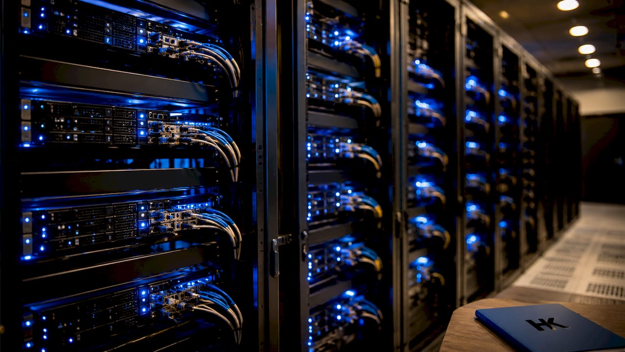 Server racks with blue lights in data center