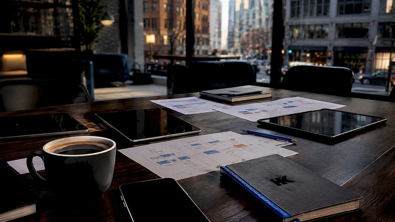 Close-up of tech devices and diagrams on table