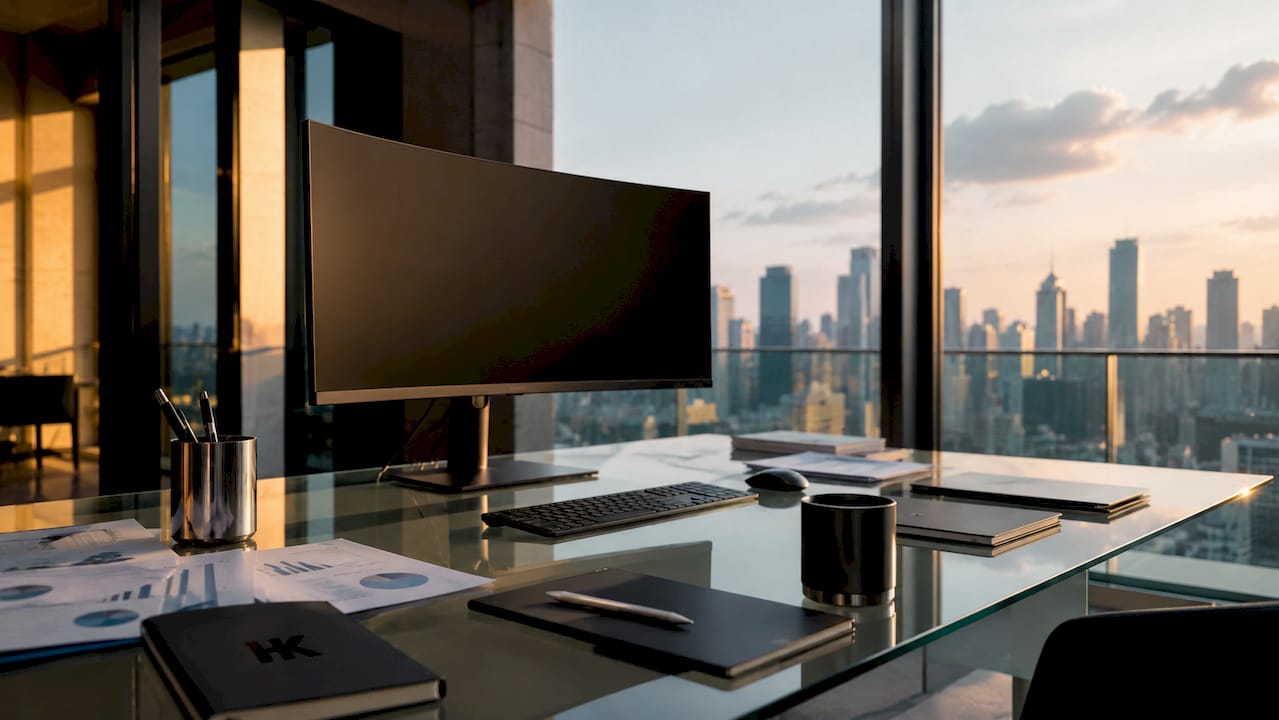 Workspace with SaaS financial dashboard elements