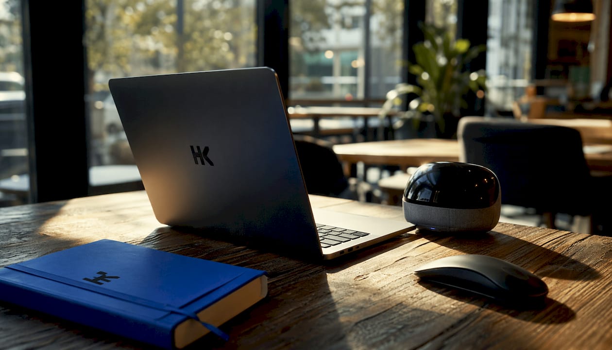Close-up of AI devices on office desk