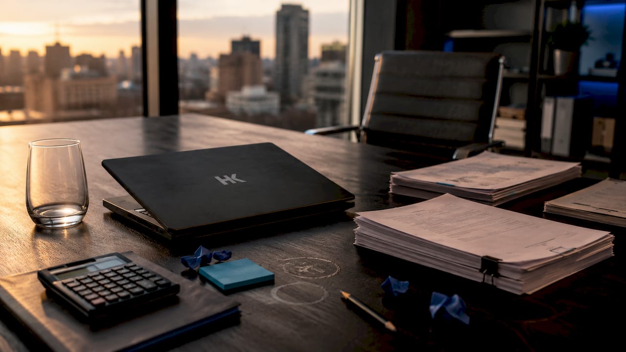Documents and calculator on startup desk