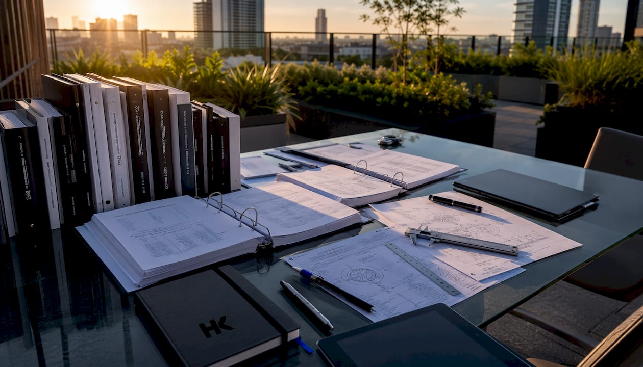 Workspace with engineering manuals and tools
