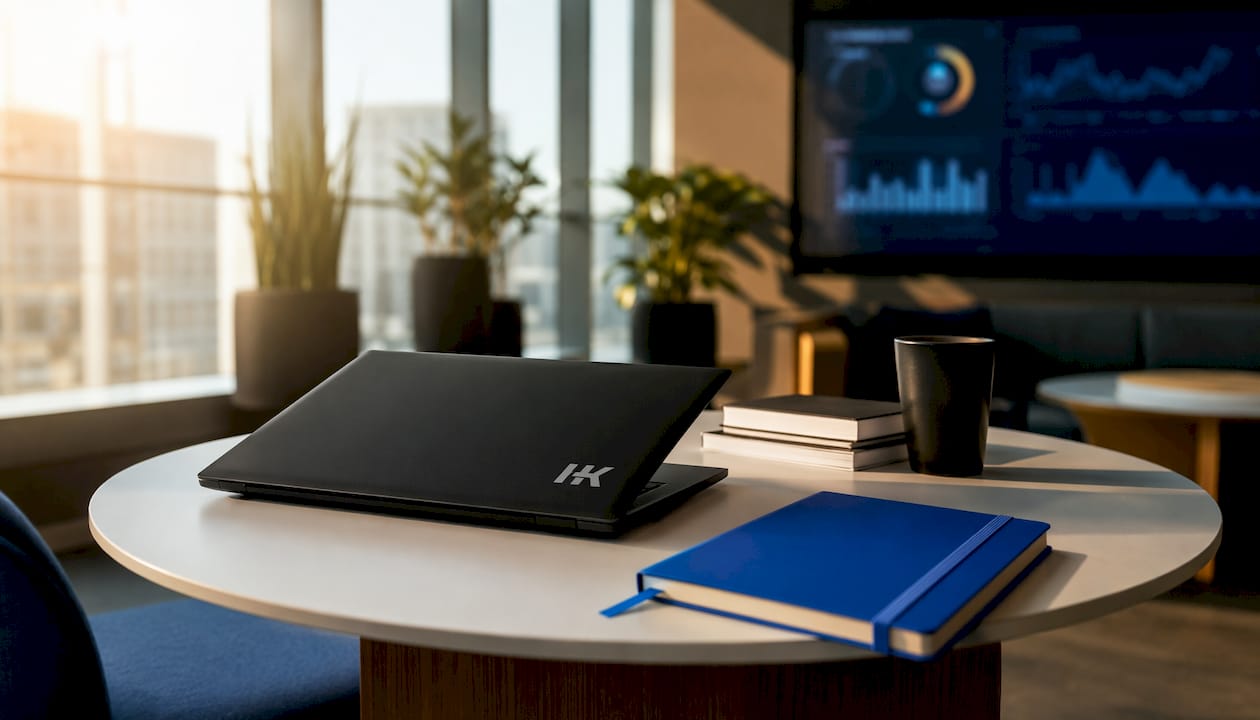 Modern workspace with software system dashboard