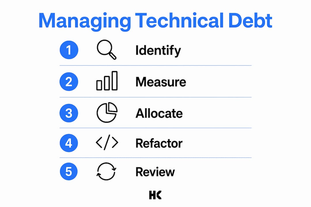 Vertical flow infographic on managing technical debt steps