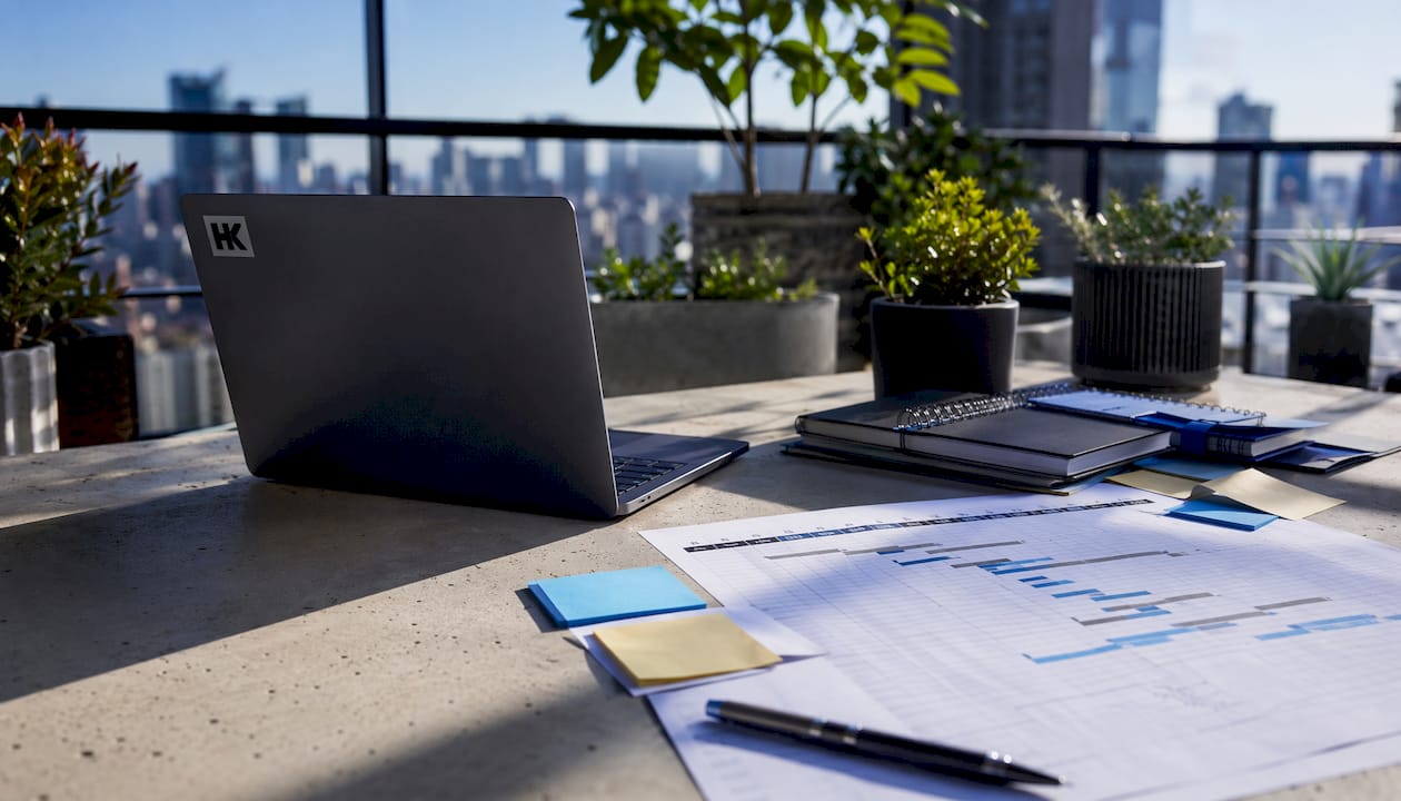 Work desk with project planning materials and devices