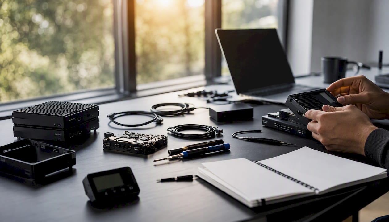 Hands configuring tech hardware modules on desk