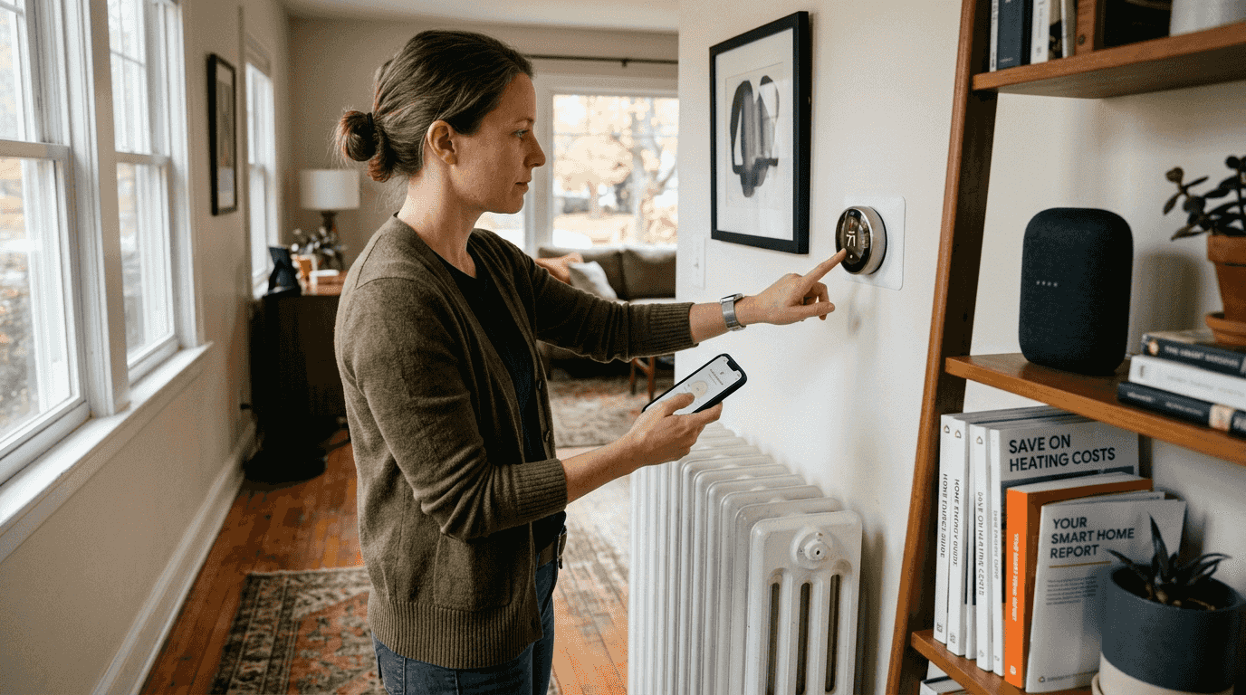 Woman adjusting smart thermostat in living room