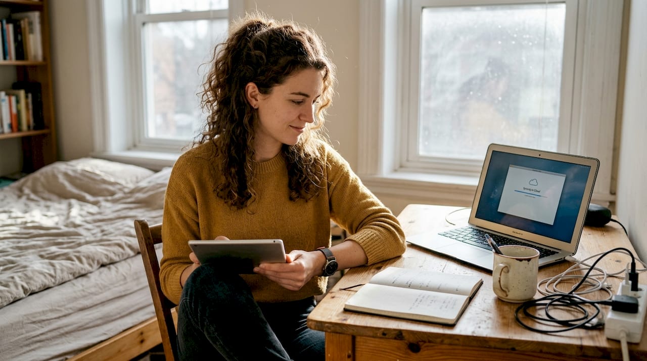 Woman syncing devices to cloud at desk