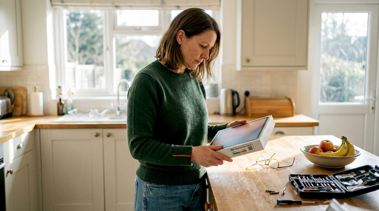 Woman reading repairability label on tablet