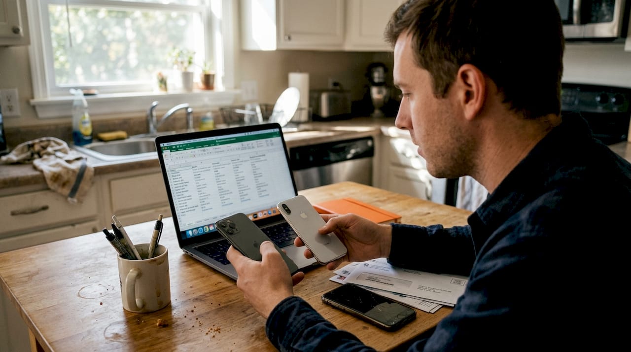 Man comparing smartphones during upgrade decision