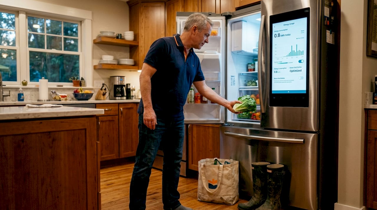 Man checks energy-saving smart refrigerator