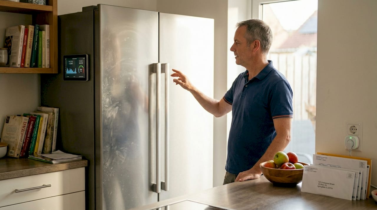 Man checking home energy monitor kitchen