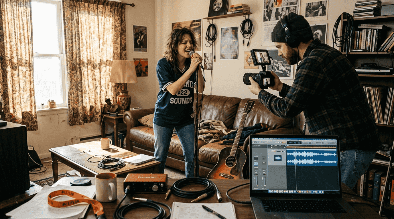 Musician filming video in casual home studio