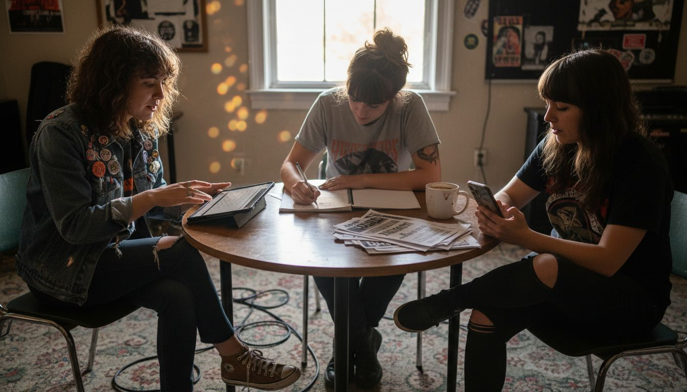 Women musicians collaborating around rehearsal table