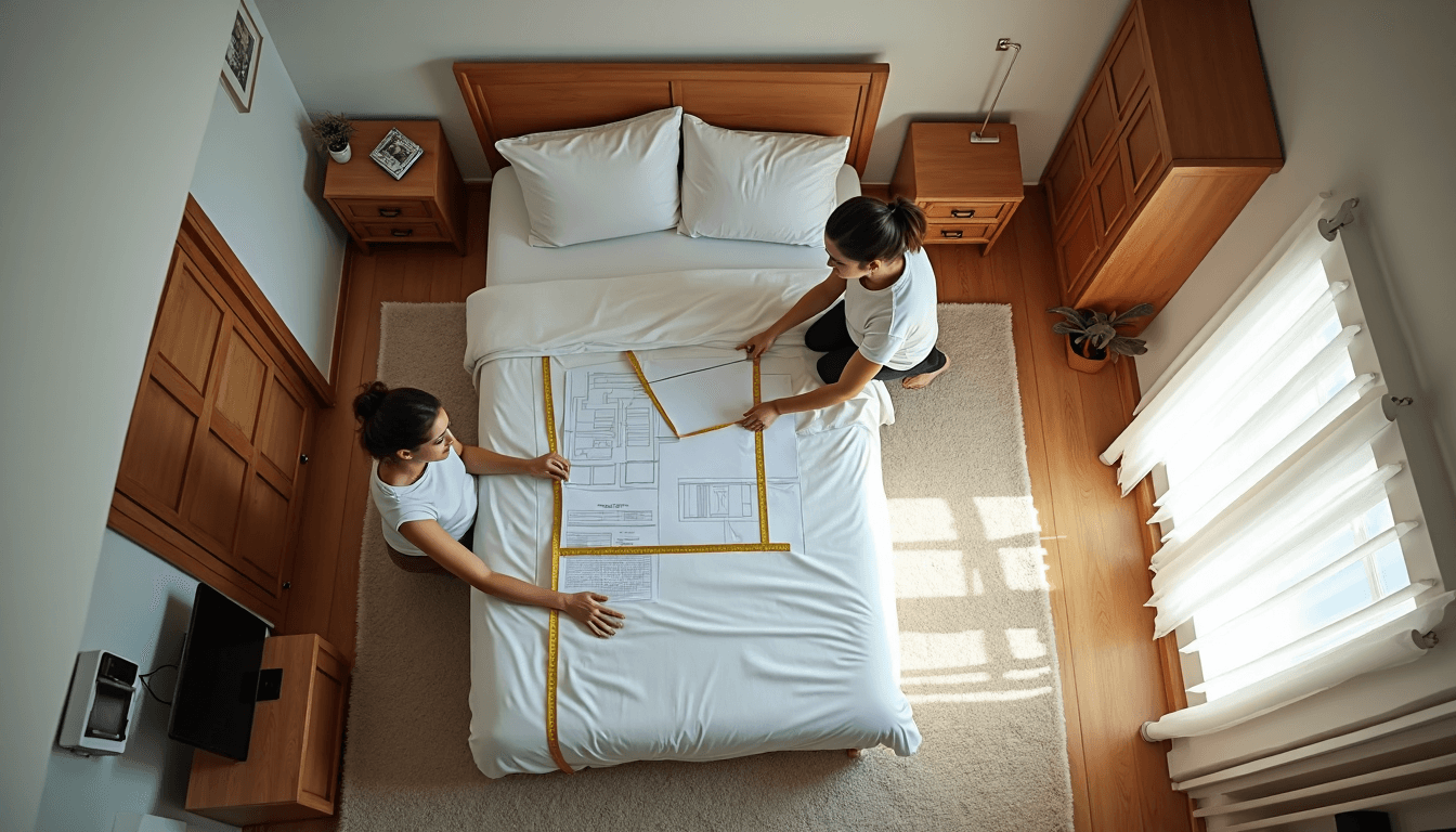 Couple measuring and arranging furniture around a three quarter bed for optimal room layout