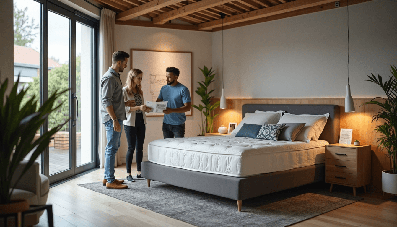 Couple examining platform and adjustable bed bases with expert in store
