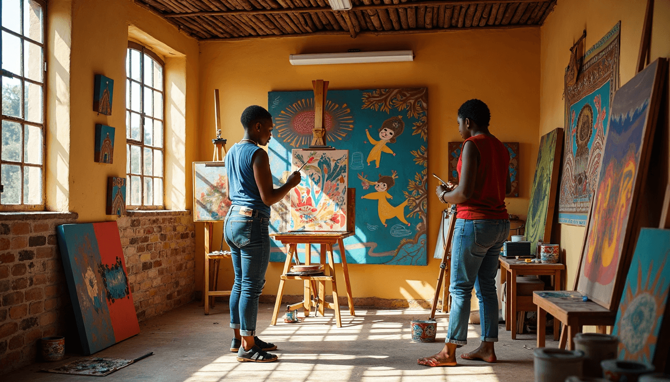 South African artists collaborating on mural with traditional patterns