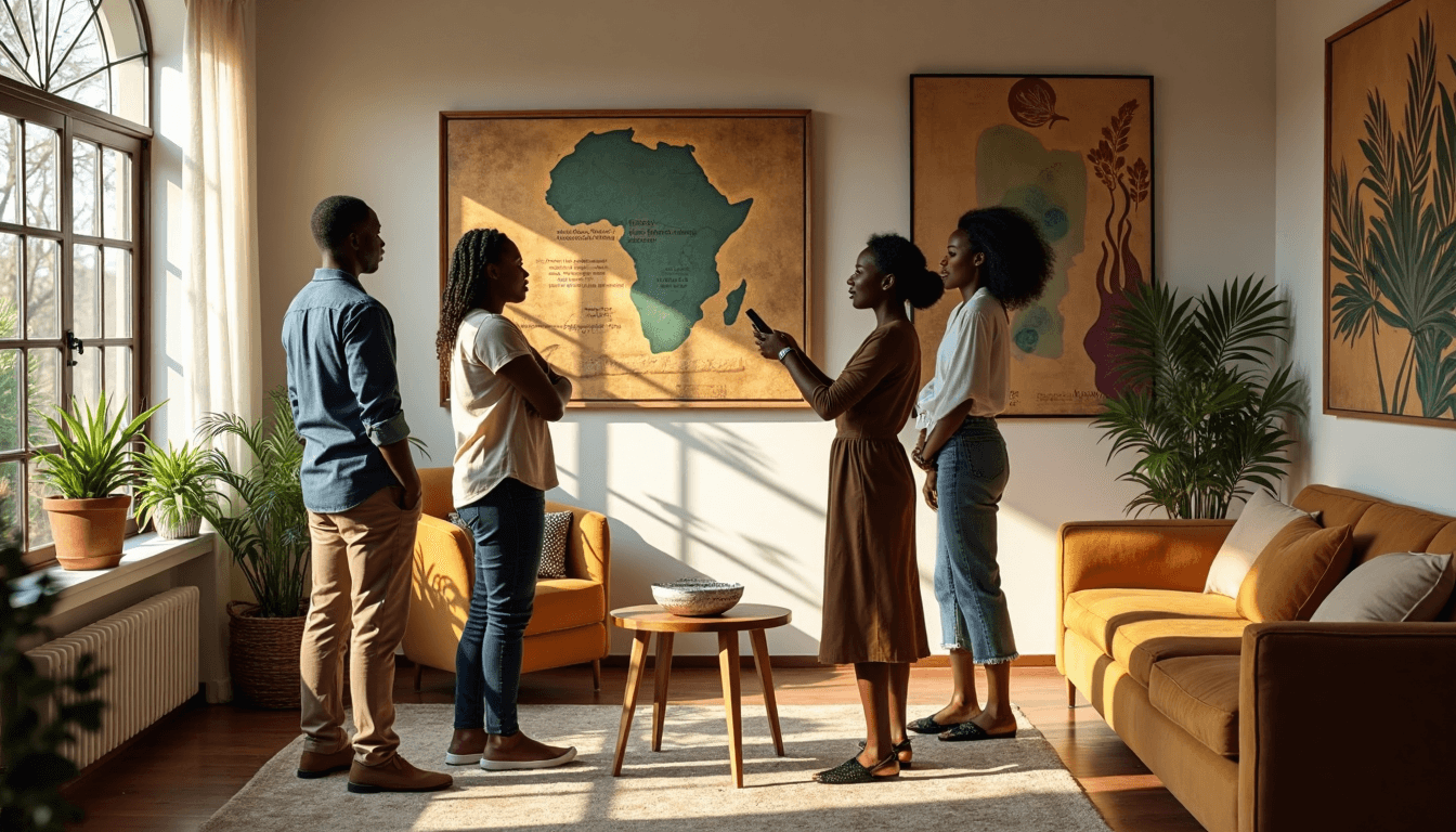 Modern South African interior with people admiring local artwork