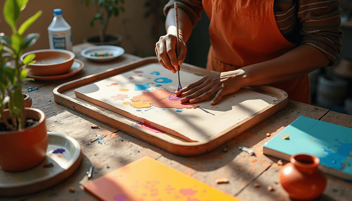 Hands painting wood, ceramic, and canvas with acrylics to show versatility