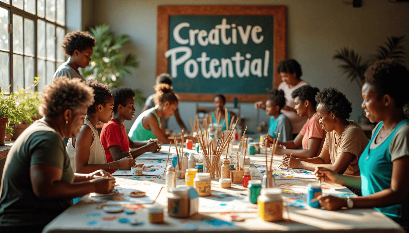 South African crafters painting with acrylics in a lively art studio setting