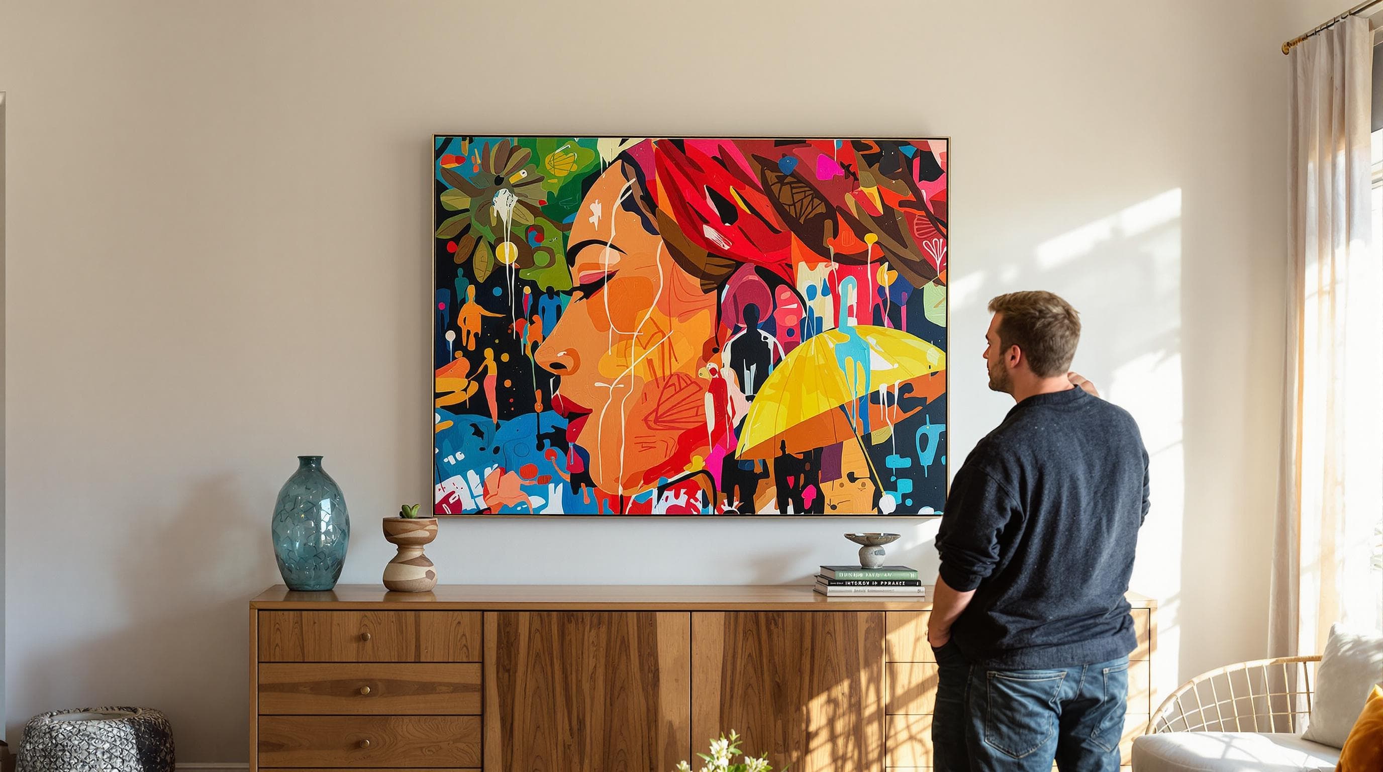 Living room with local artwork, sustainable decor, and 'Interior Impact' overlay