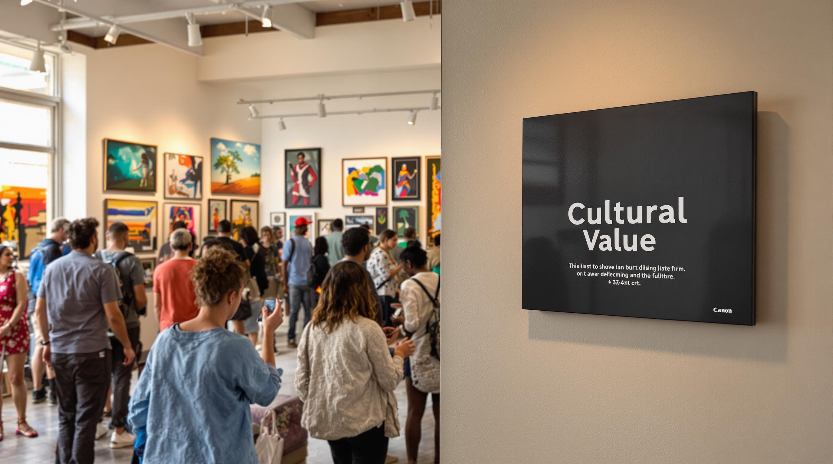 South African art gallery with diverse visitors and 'Cultural Value' signage