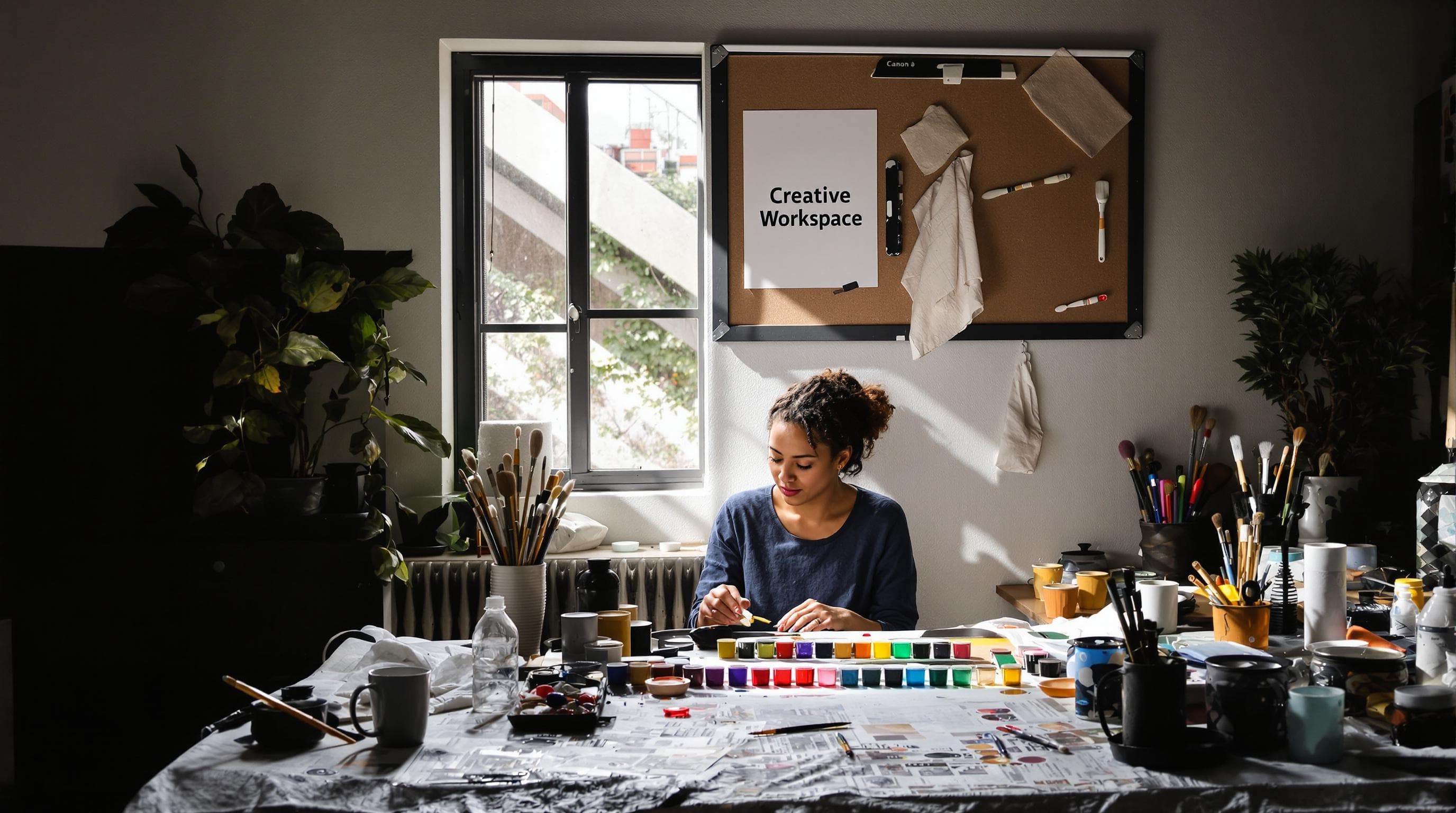 South African woman organizes painting materials at well-lit art workspace