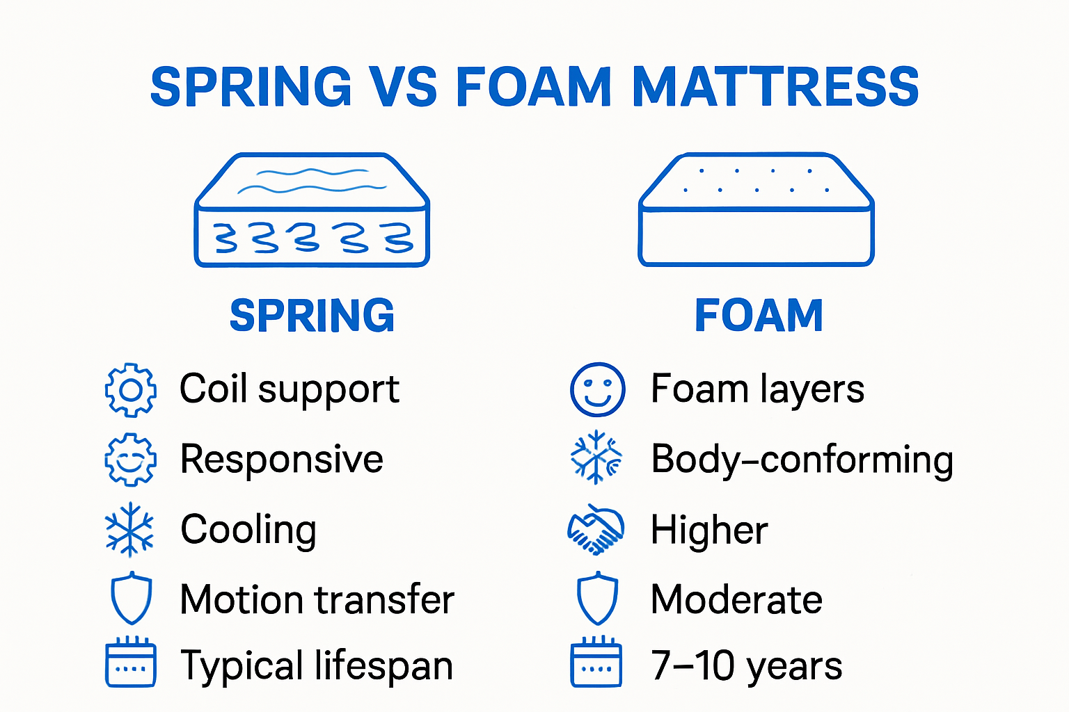 Spring vs foam mattress features comparison infographic