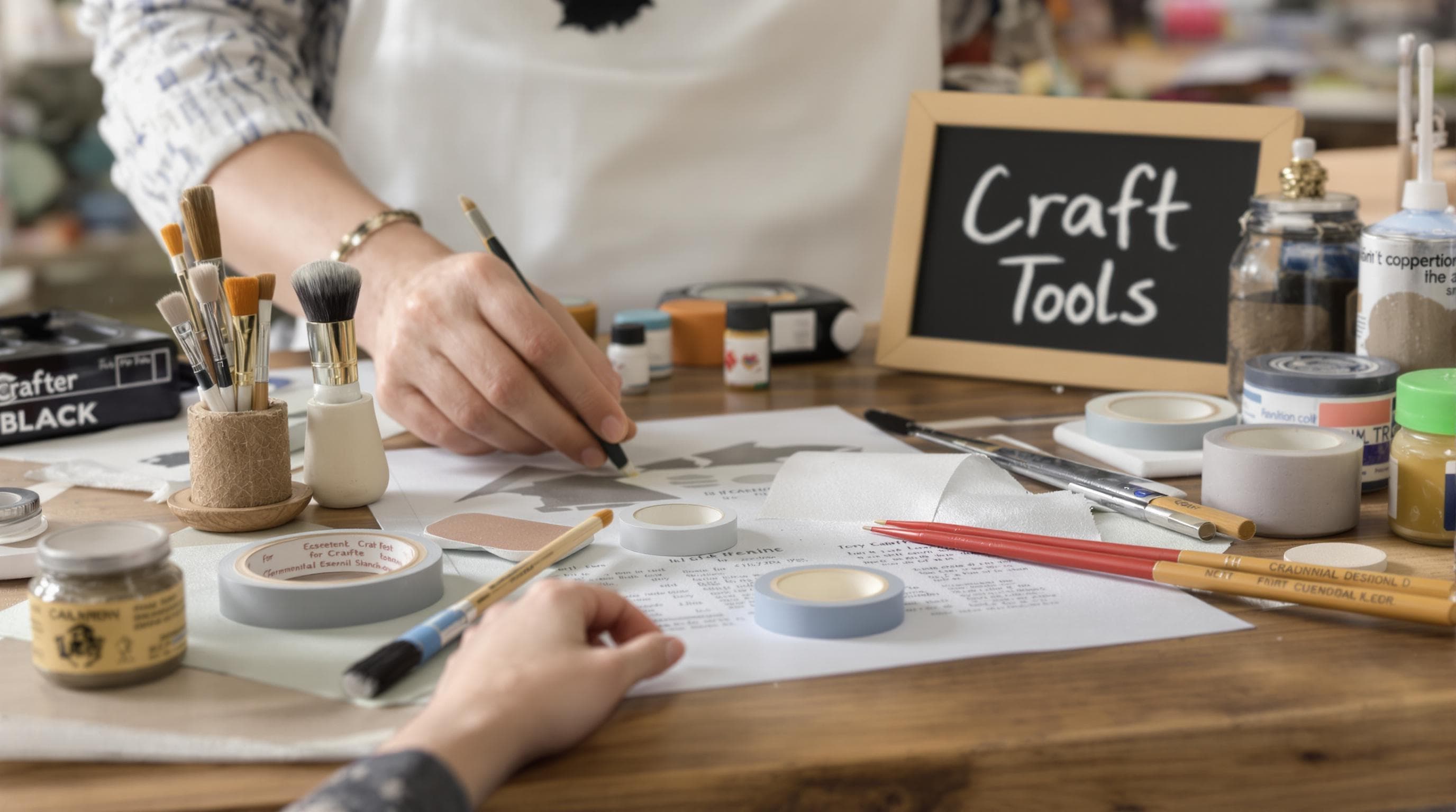 Crafter’s hands organizing stencilling tools on wooden table