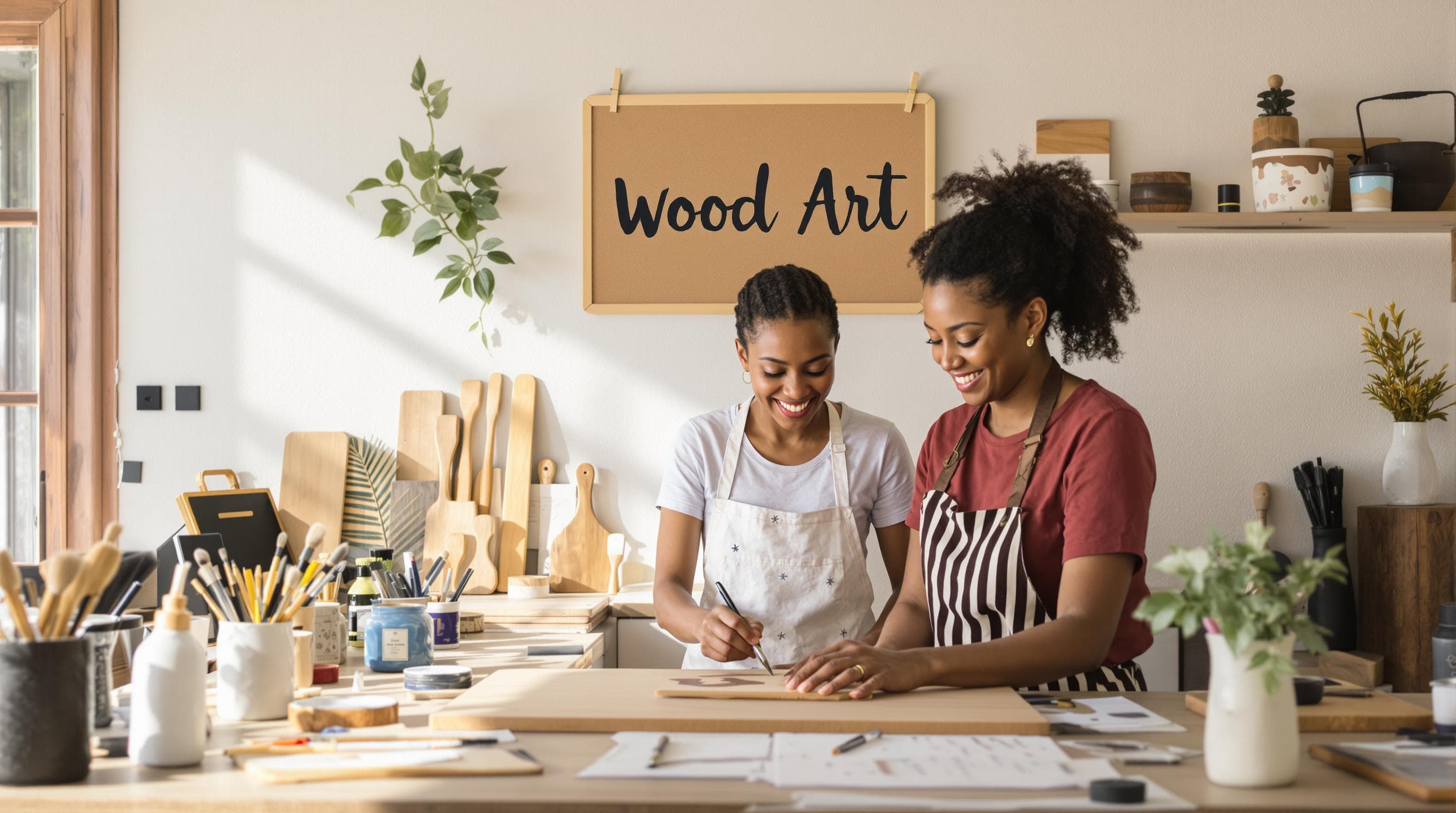 South African crafters stencilling wooden art in sunlit studio