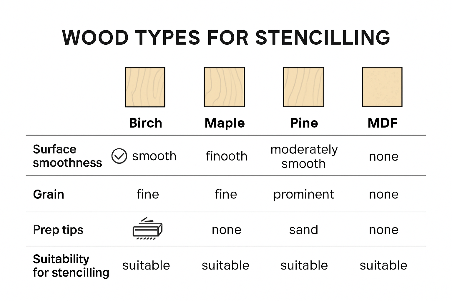 Comparison of wood types for stenciling infographic