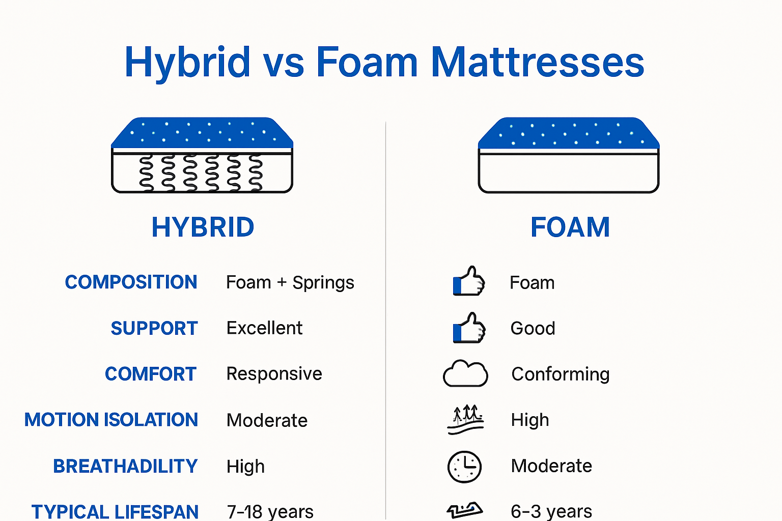 Infographic comparing hybrid vs foam mattress features