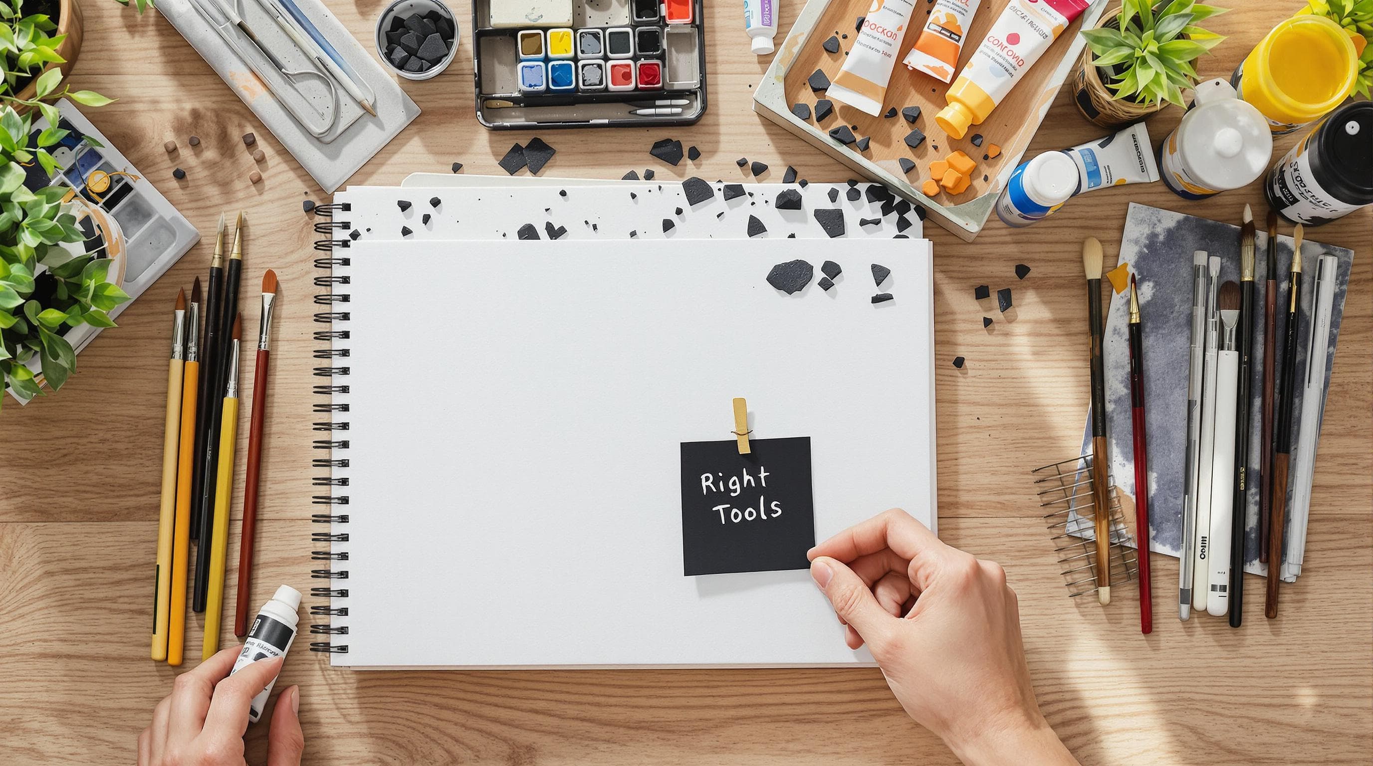 Artist choosing between drawing and painting tools on desk