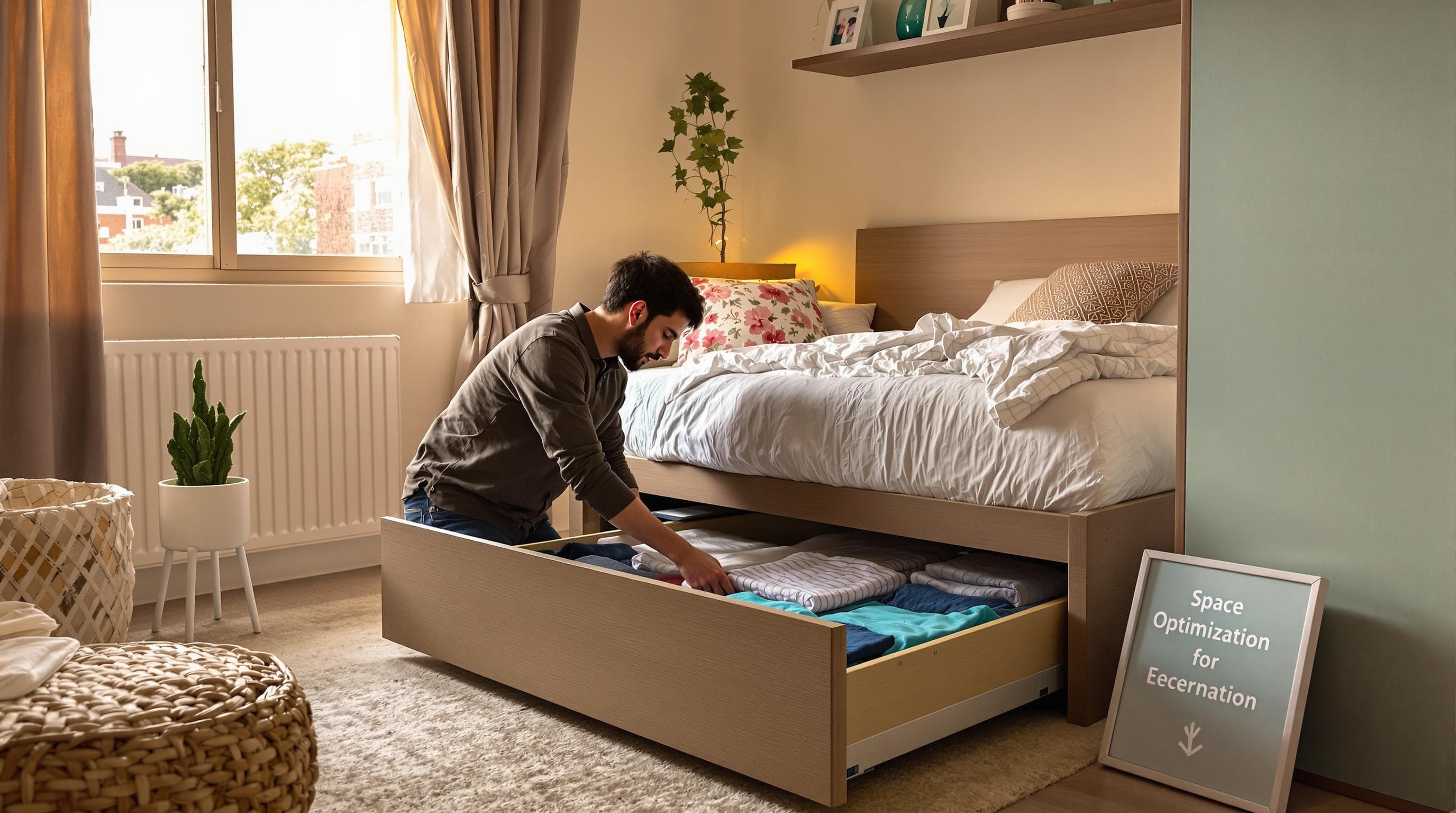 Young adult organizing clothes in storage bed drawer in compact bedroom