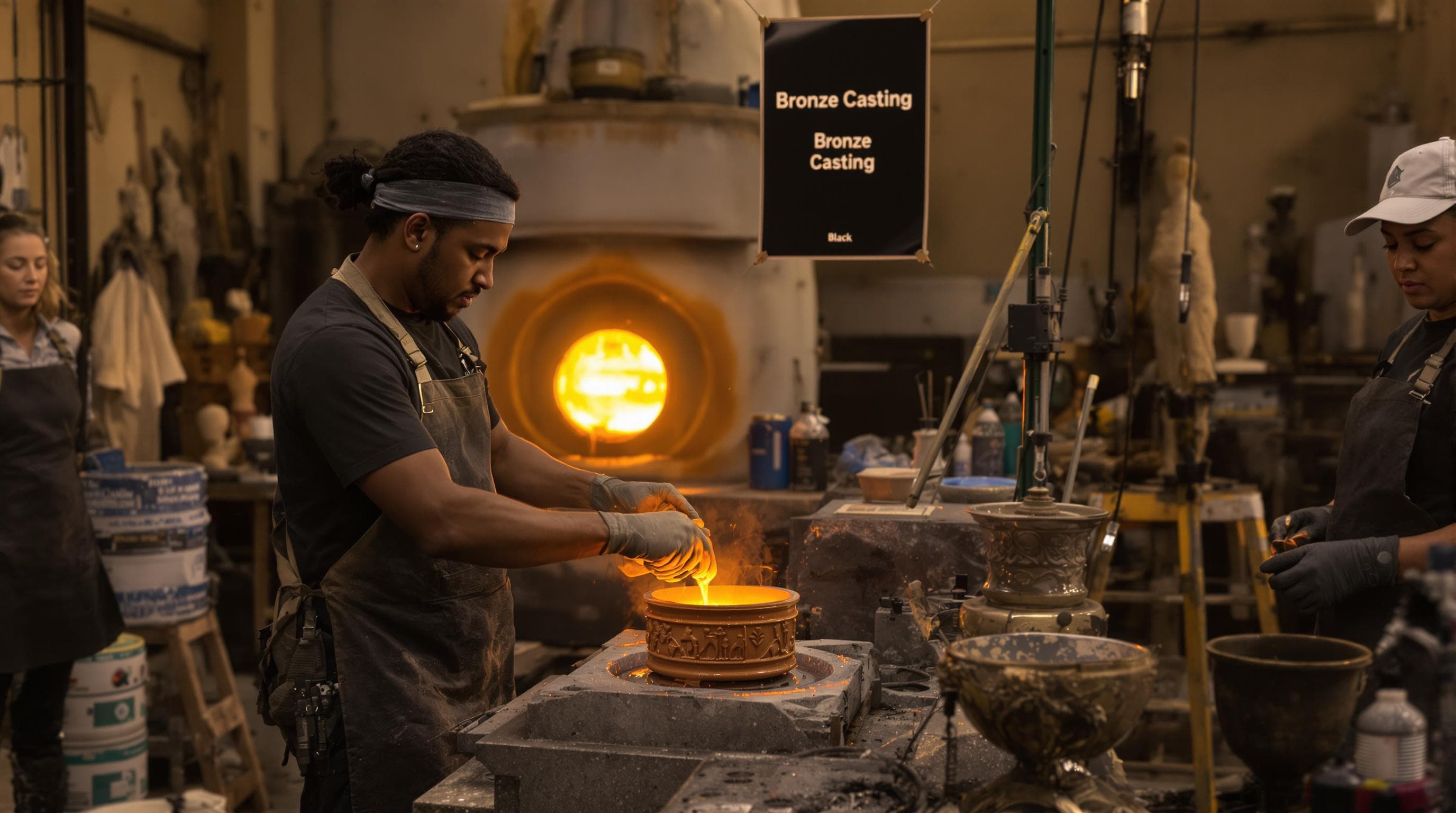 South African sculptor pouring molten bronze in artisan foundry