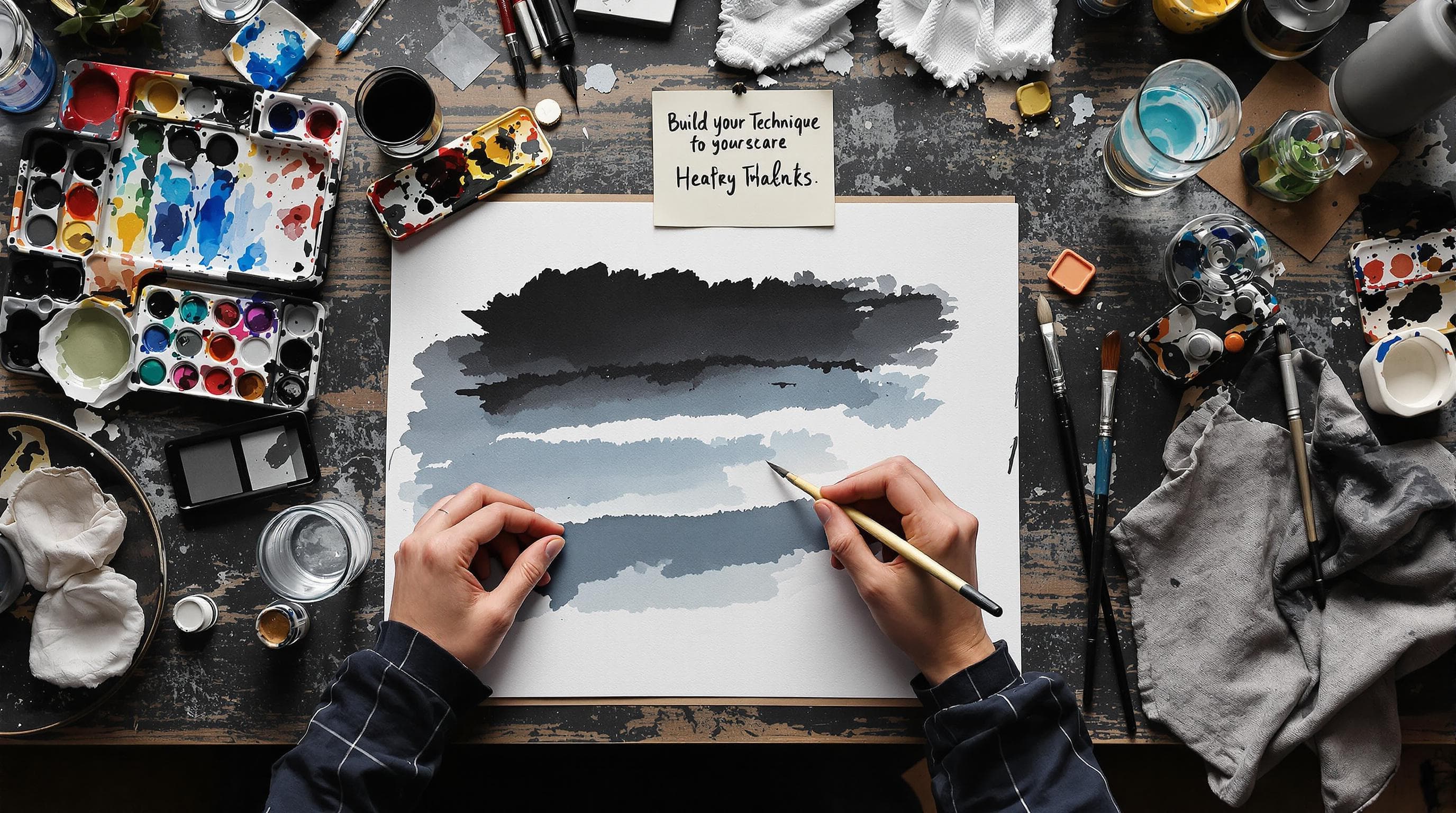 Hands practicing watercolour layering and washes with tools and a motivational poster