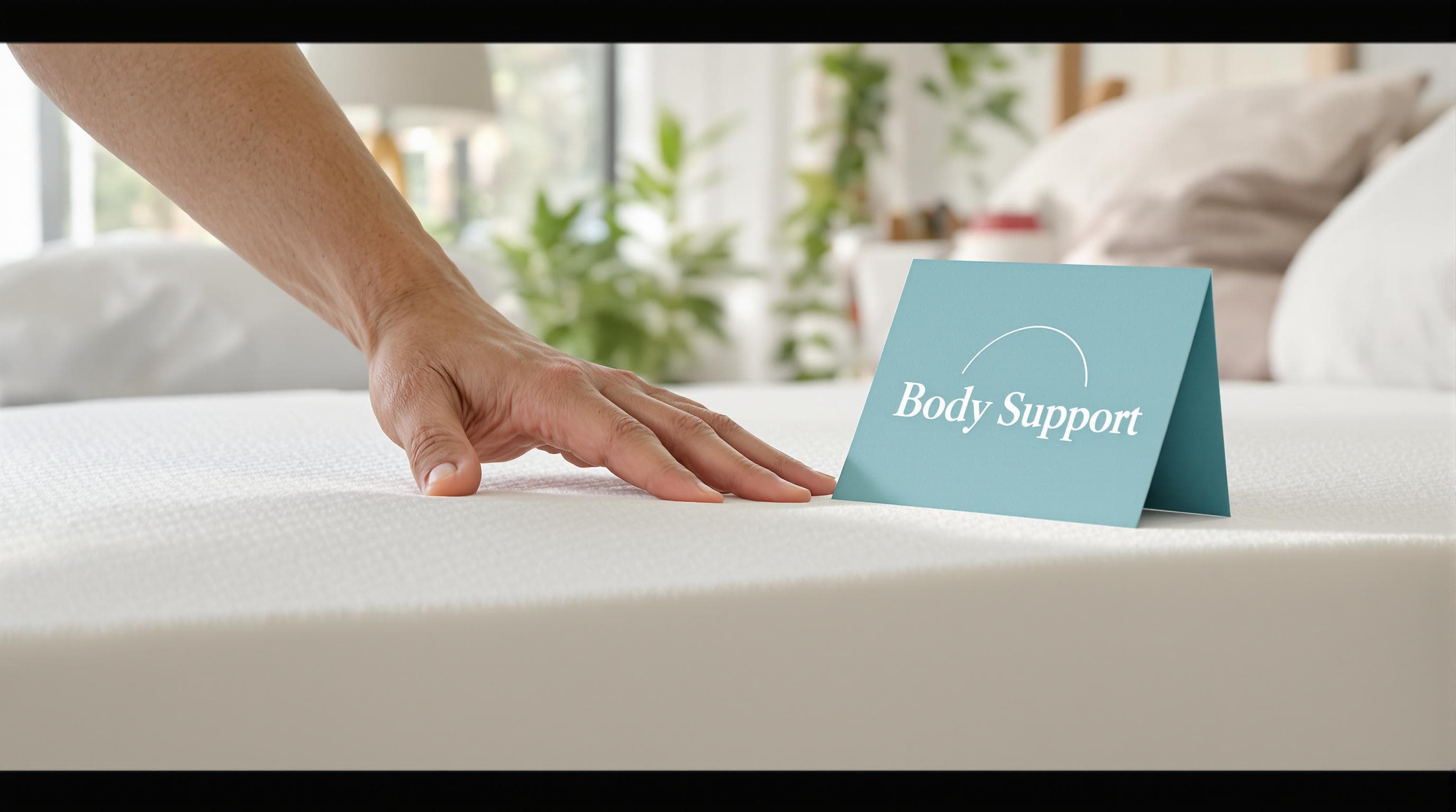 Hand pressing into memory foam mattress showing body support feature