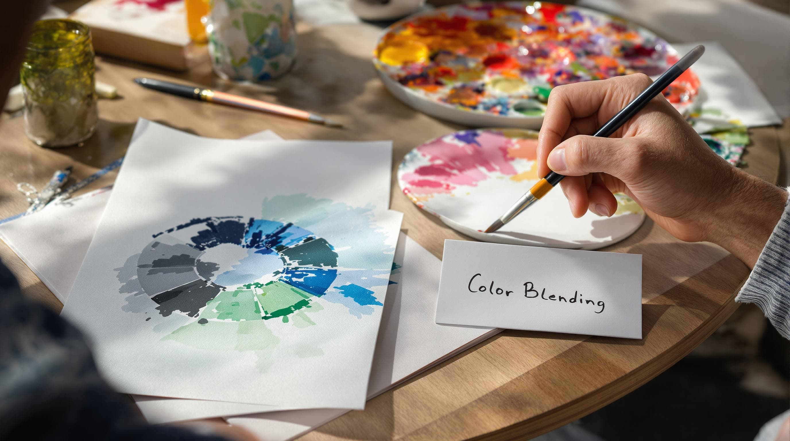 Close-up of beginner acrylic color mixing in action