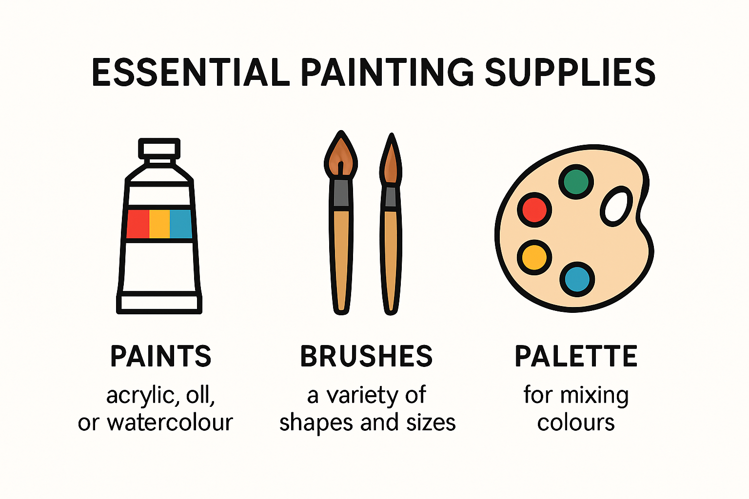 Infographic showing basic painting supplies for beginners