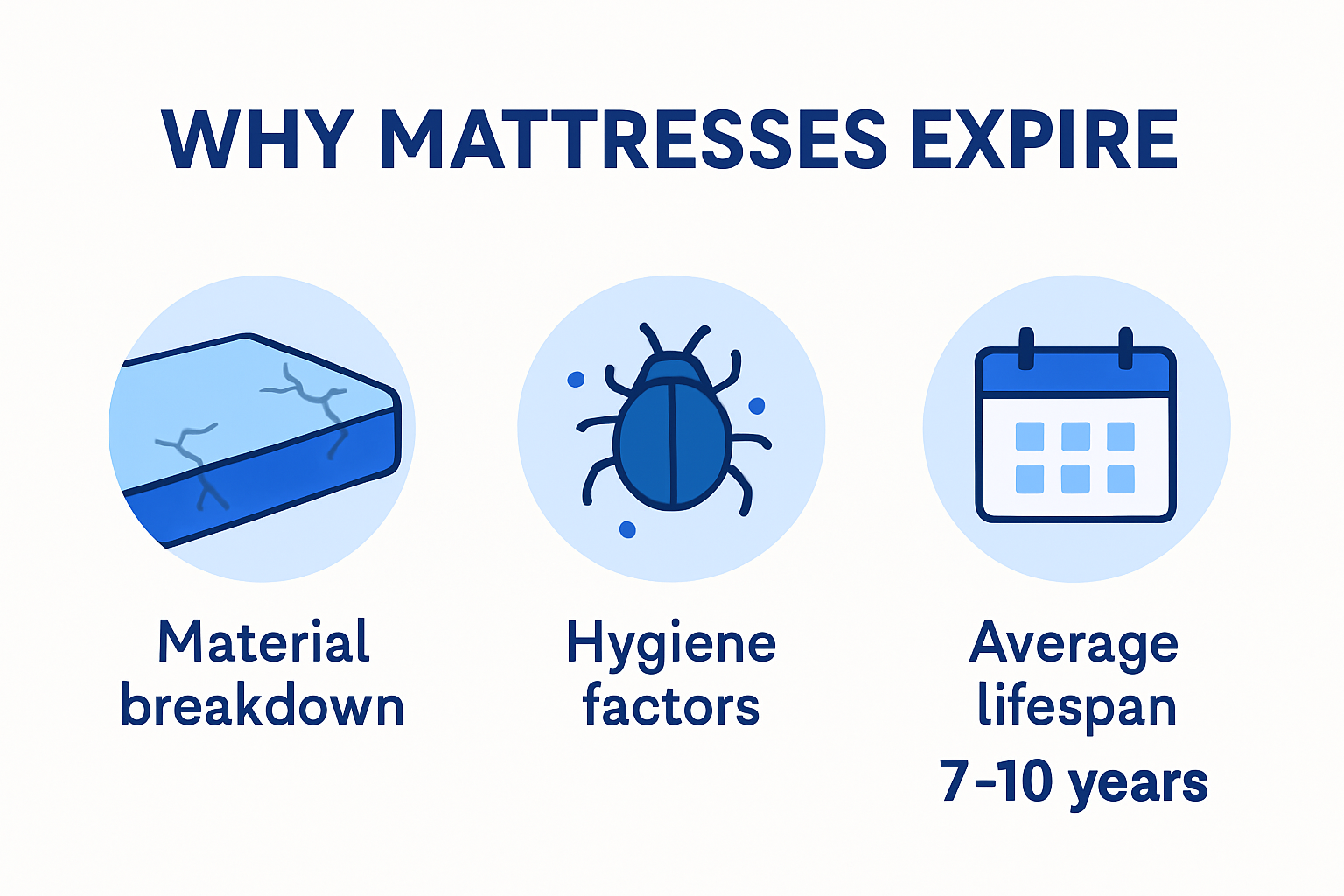 Infographic showing why mattresses expire and common warning signs.