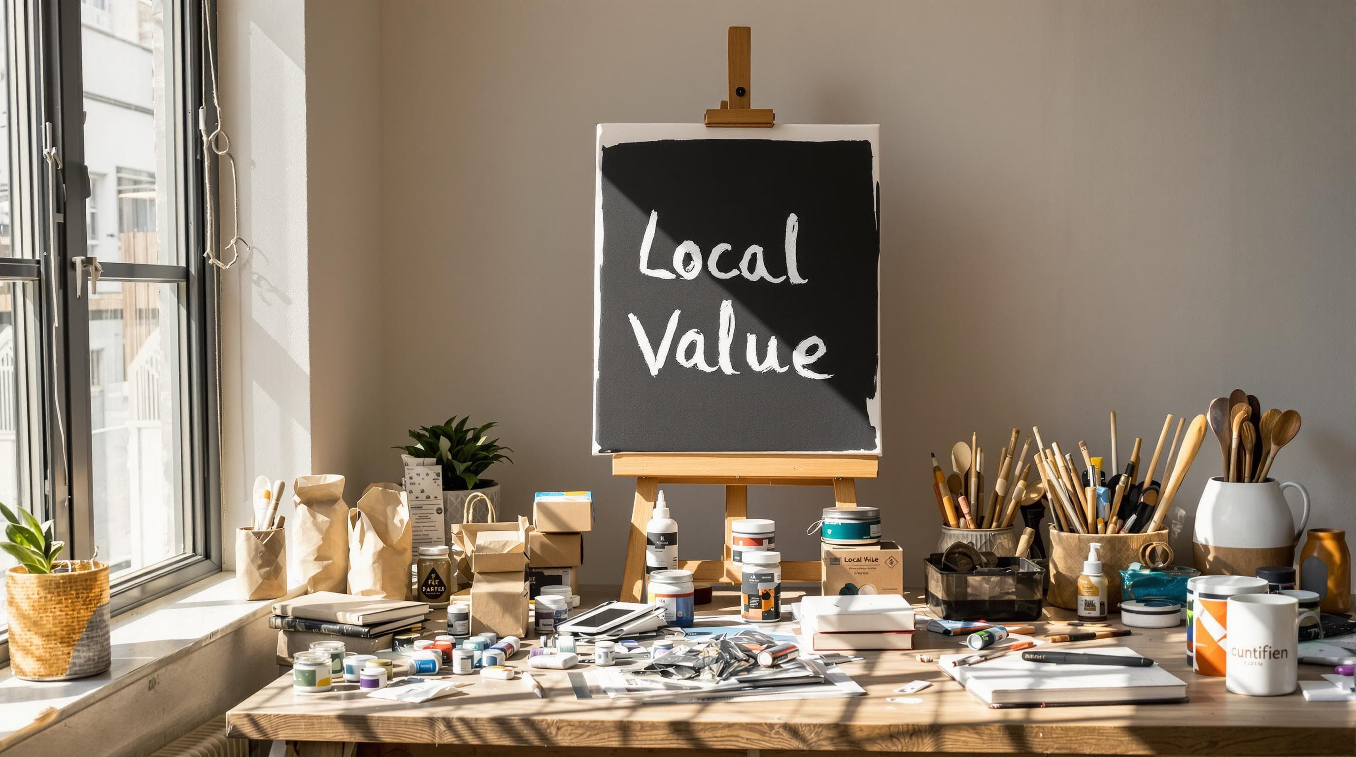 South African artist opening eco-friendly, local art supplies with 'Local Value' label on canvas.
