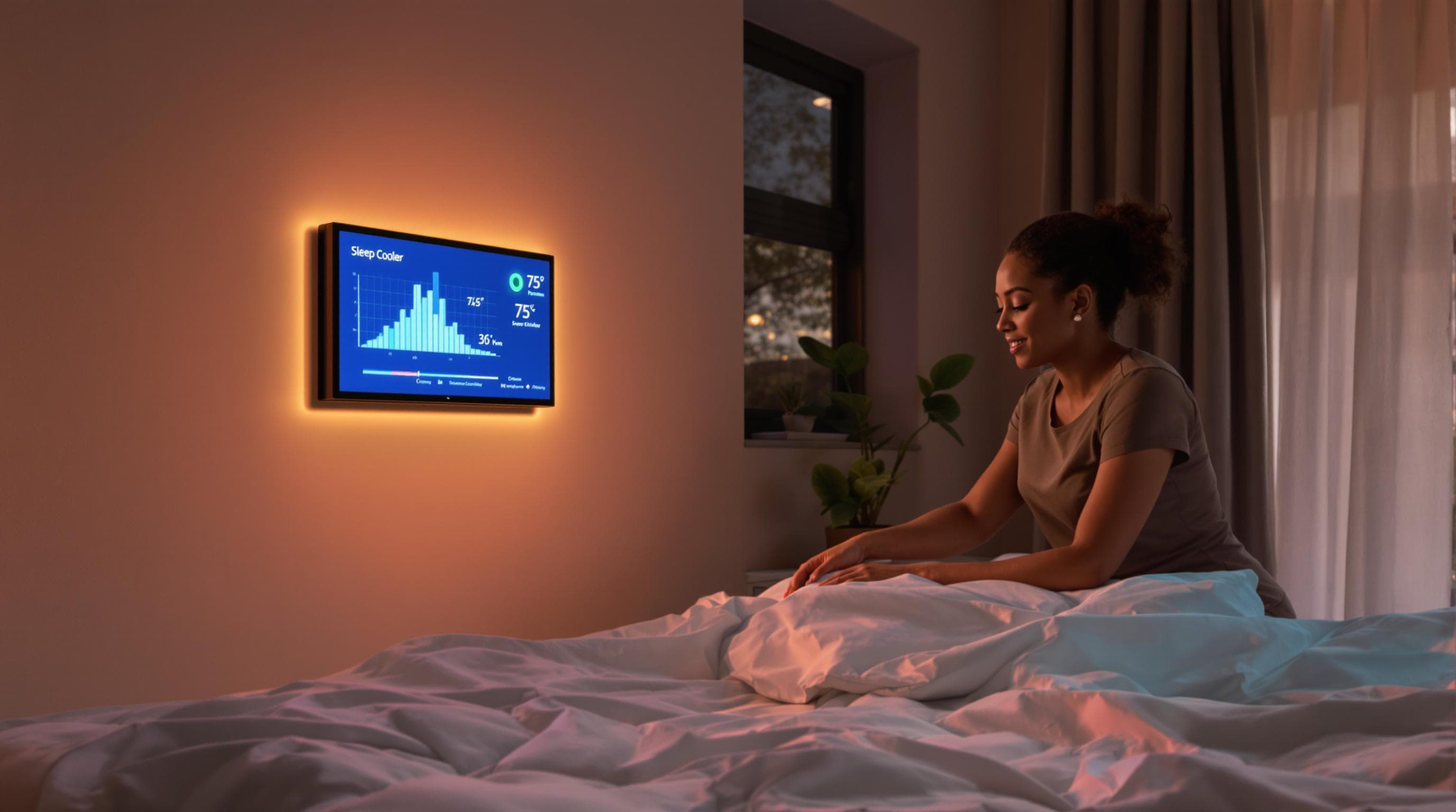 Woman prepares latex bed as digital display shows sleep temperature benefits