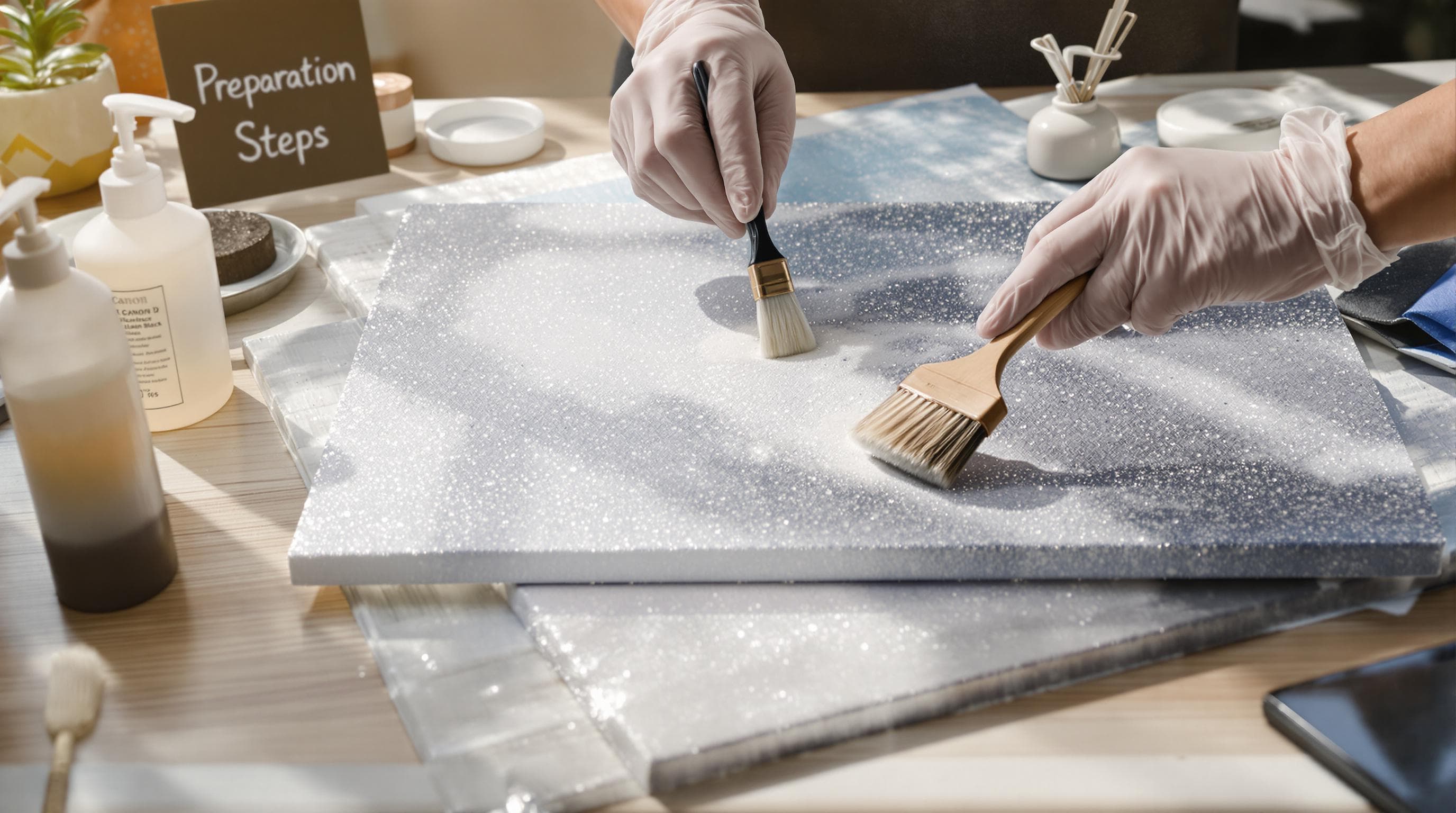 Hands clean diamond painting before sealing, with tools prepared