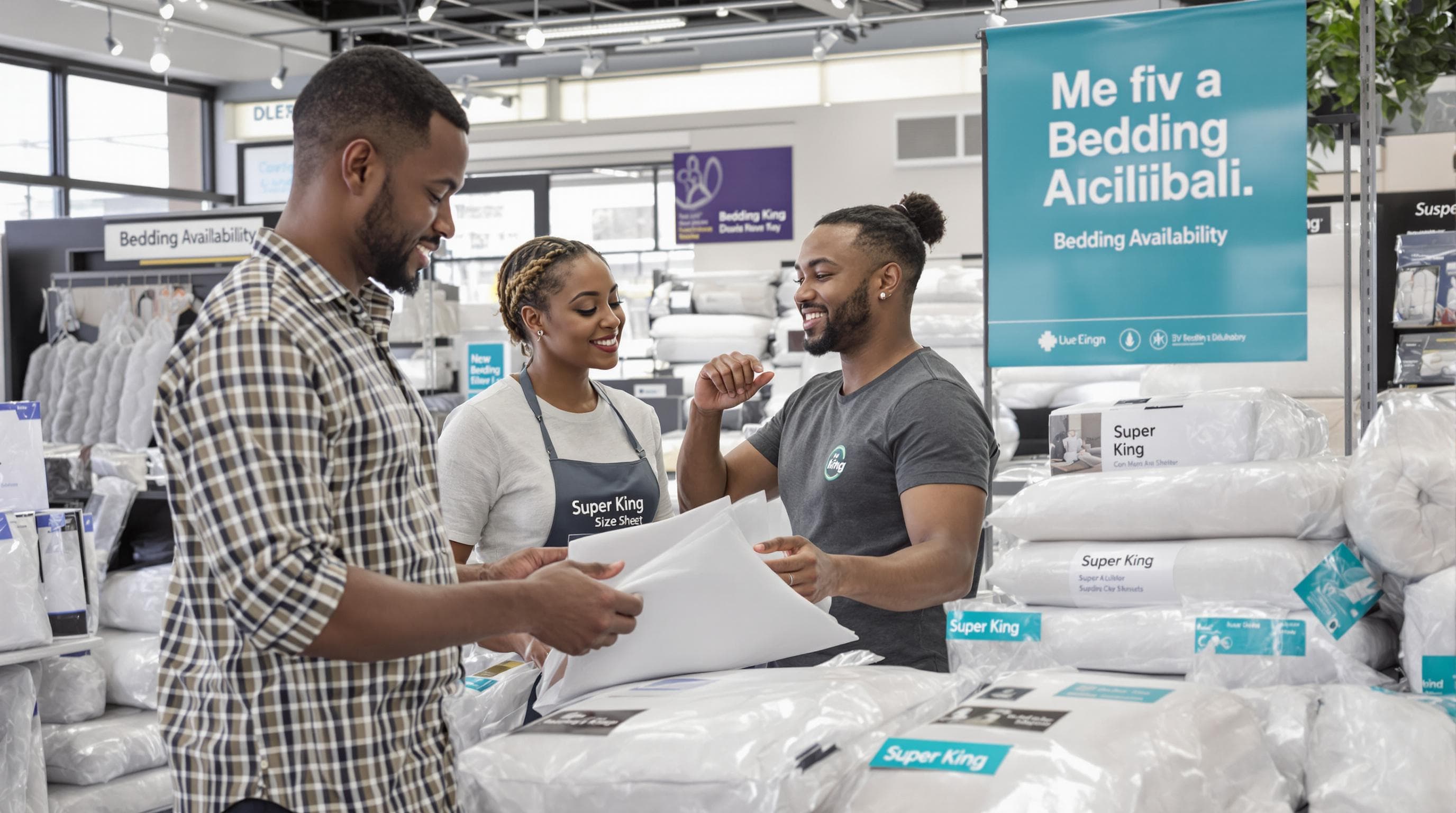 Couple and salesperson review super king bedding options in store