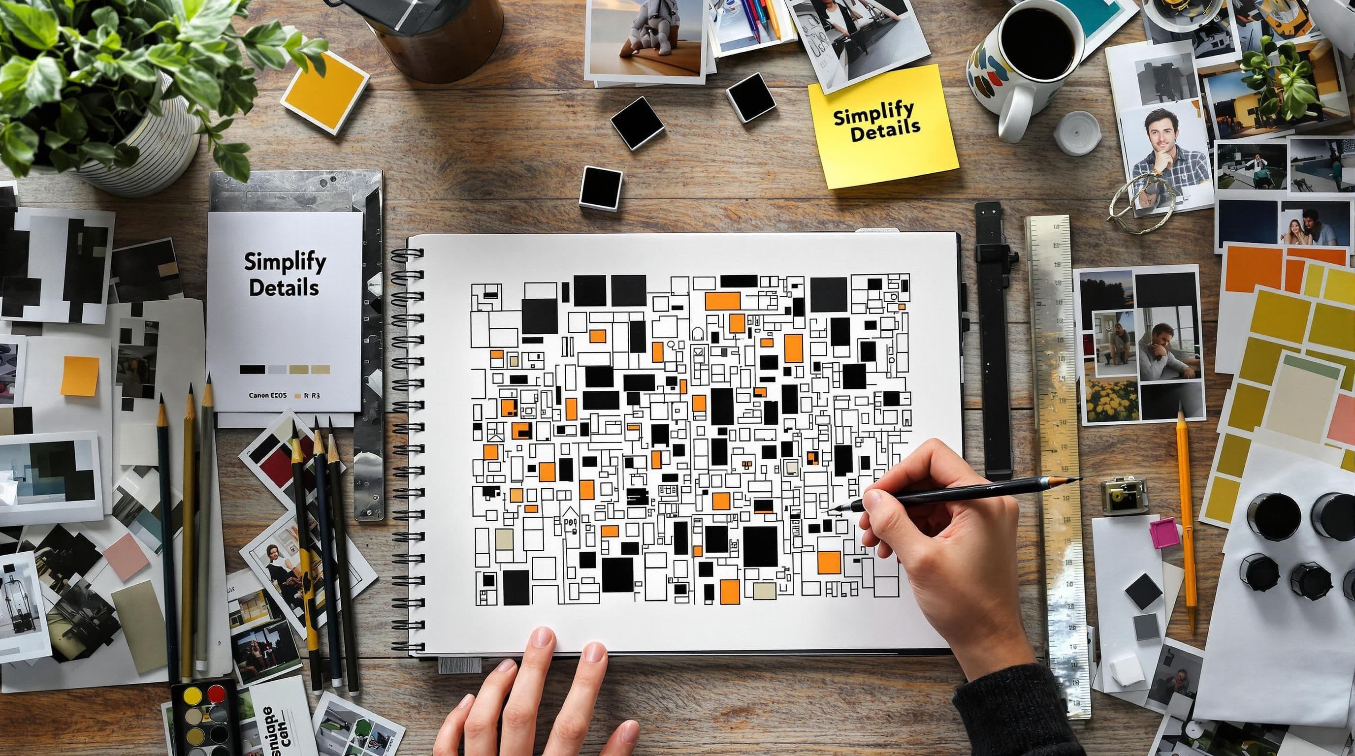 Artist simplifies urban cityscape with limited shapes on sketch table